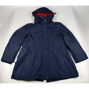 London Fog Mens XL Navy Blue Hooded Parka Jacket Coat Red Fleece Lining 134089